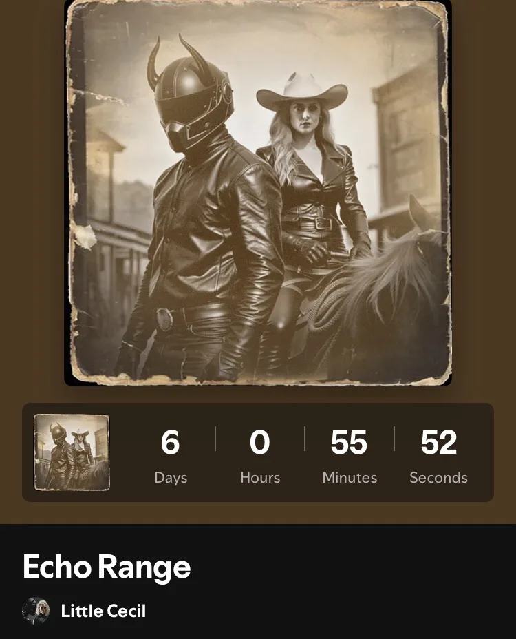 A sepia-toned, vintage-style photo shows a man in a horned helmet and leather outfit standing beside a woman in a cowboy hat…