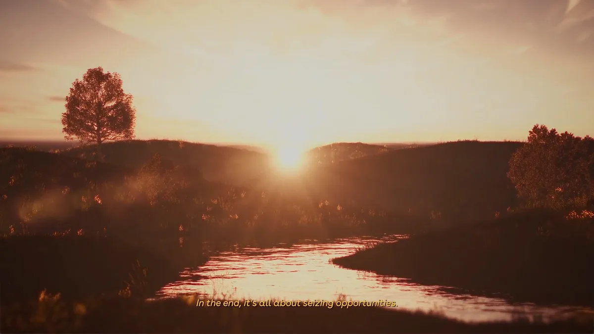 A serene sunset over a winding river with rolling hills and solitary trees, overlaid with the text 'In the end, it's all…