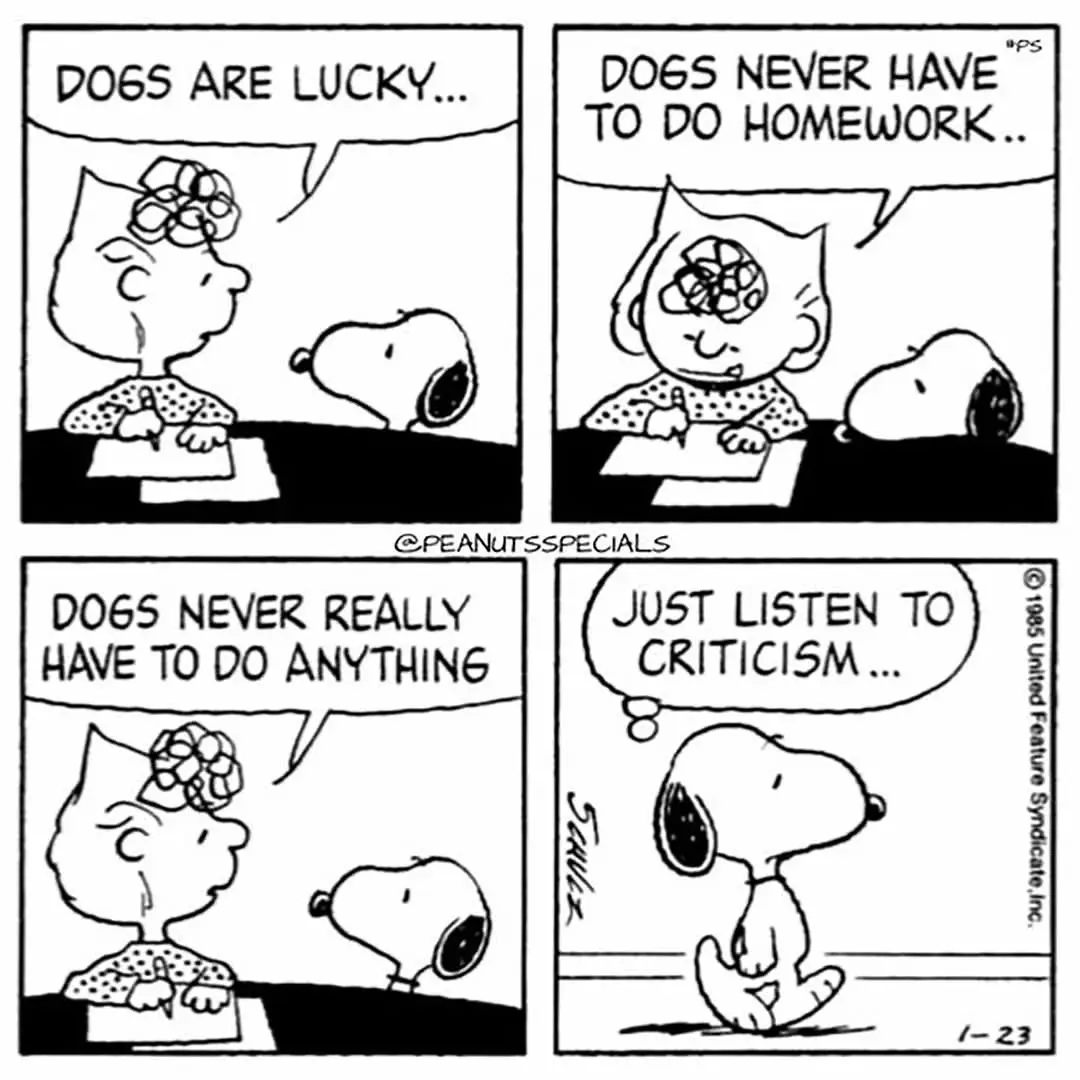 A four-panel black-and-white Peanuts comic strip shows Lucy van Pelt talking to Snoopy. In the first panel, Lucy says 'DOGS…