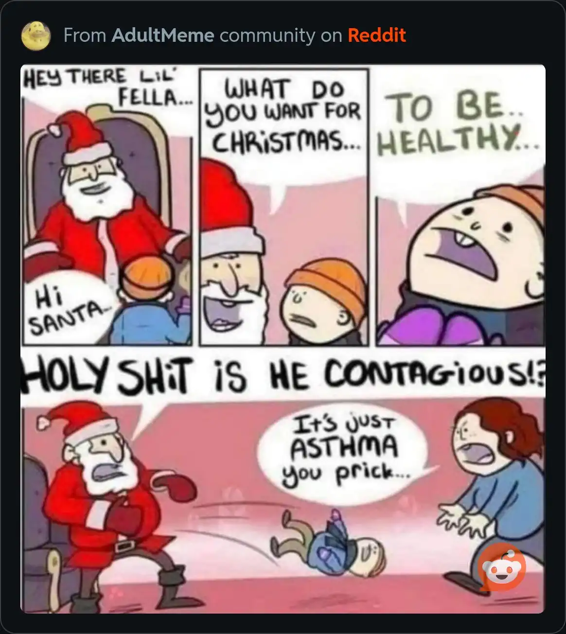 A comic strip shows Santa asking a child what they want for Christmas, and the child replies 'to be healthy.' The scene then…