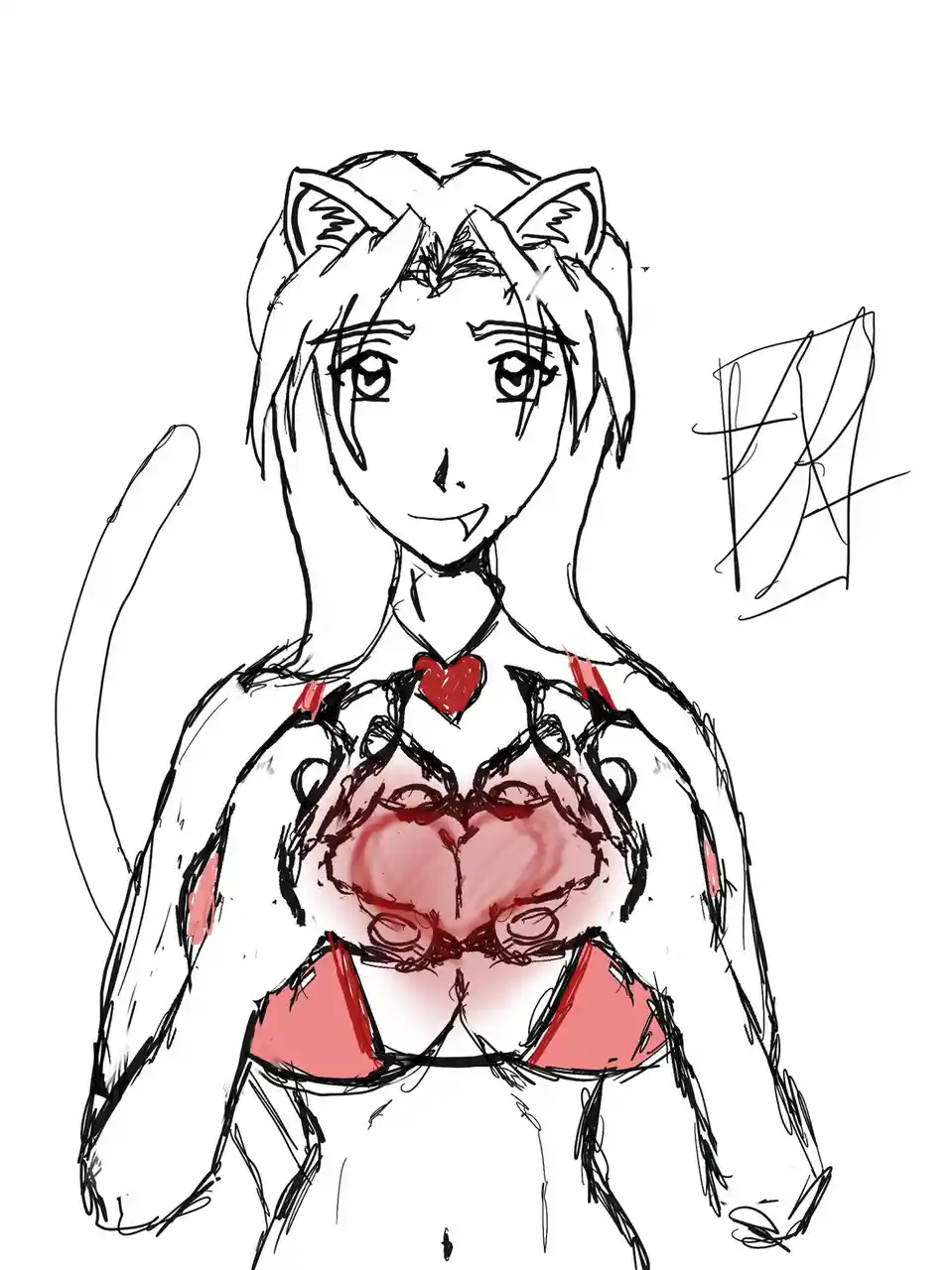 A sketch of an anime-style female character with cat ears and a tail, wearing a red heart-shaped top and red bikini bottoms…