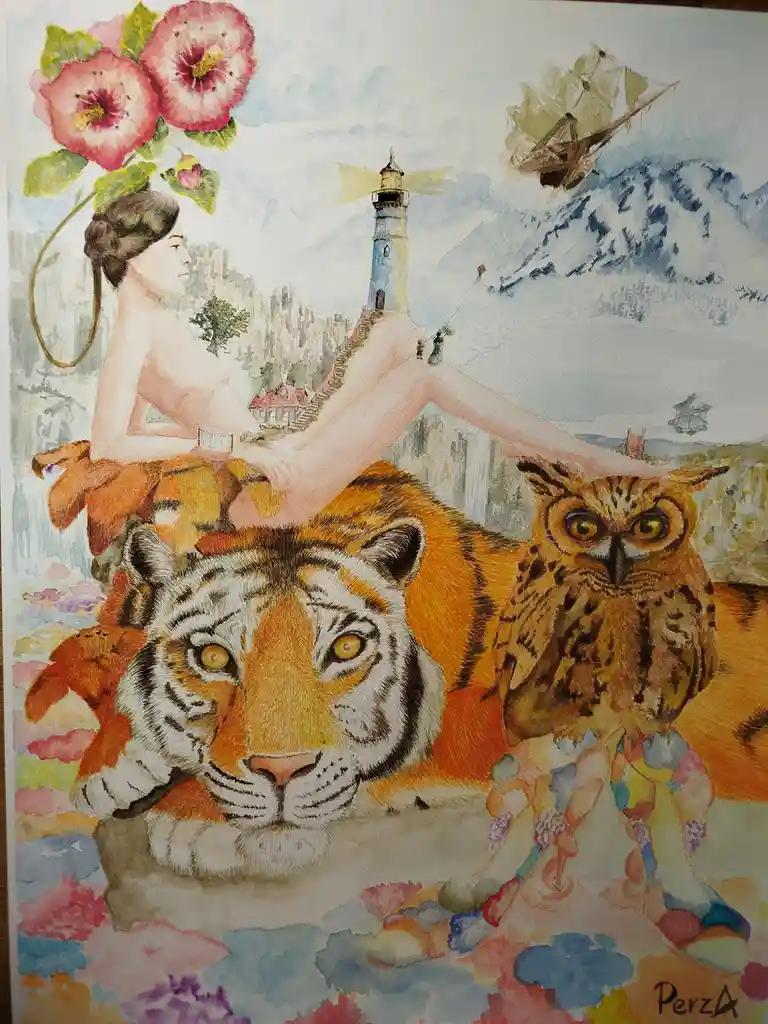 A surreal watercolor painting depicts a nude woman with flowers in her hair, seated atop a large tiger, with an owl perched…