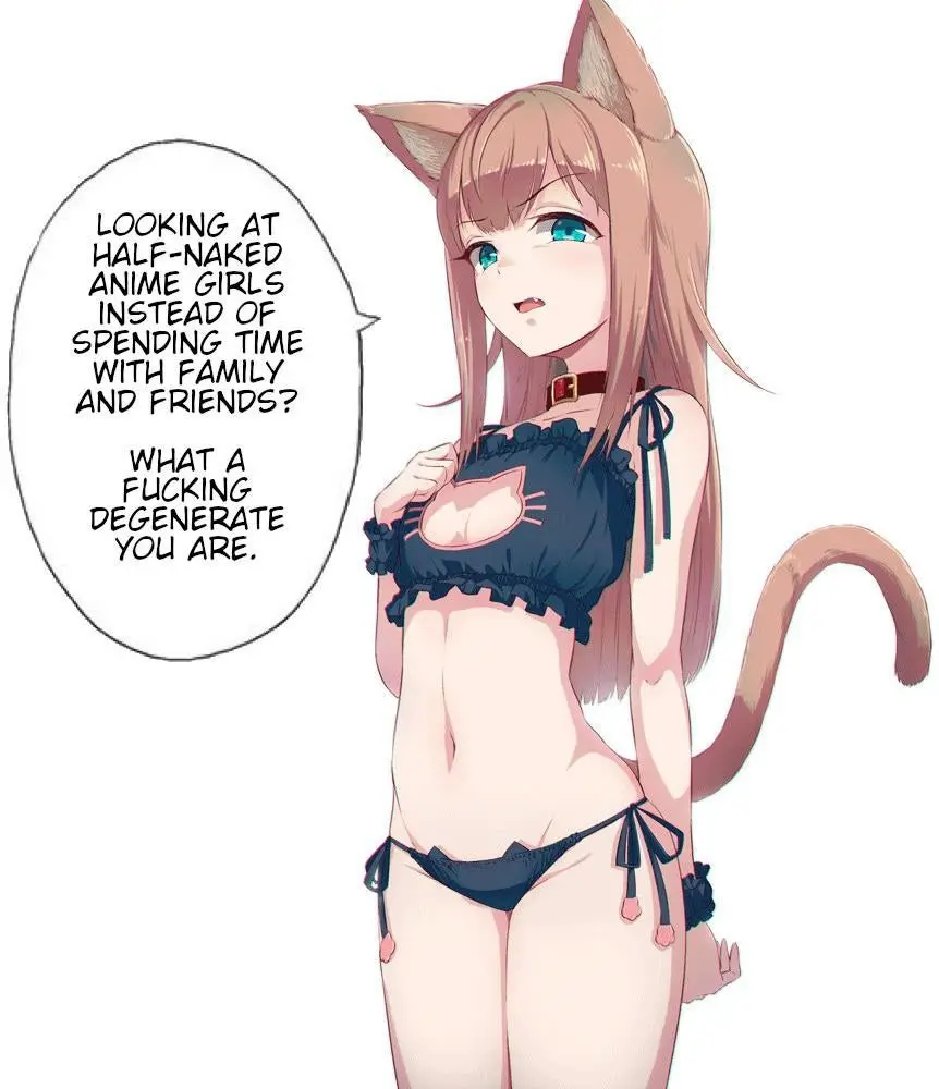 An anime-style catgirl with long pink hair, blue eyes, cat ears, and a tail is wearing a black cat-themed bikini. She has a…
