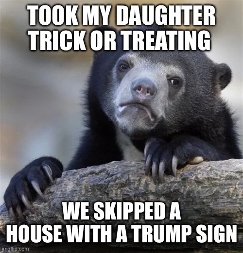 A black bear with a sad, disappointed expression rests its paws on a log. White bold text at the top reads 'TOOK MY DAUGHTER…