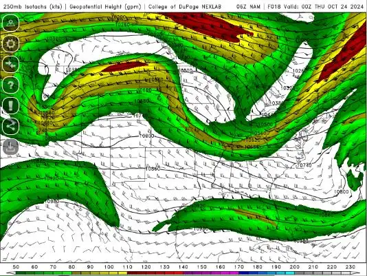 A weather map showing 250mb isotachs and geopotential height with swirling green, yellow, and red bands over North America…