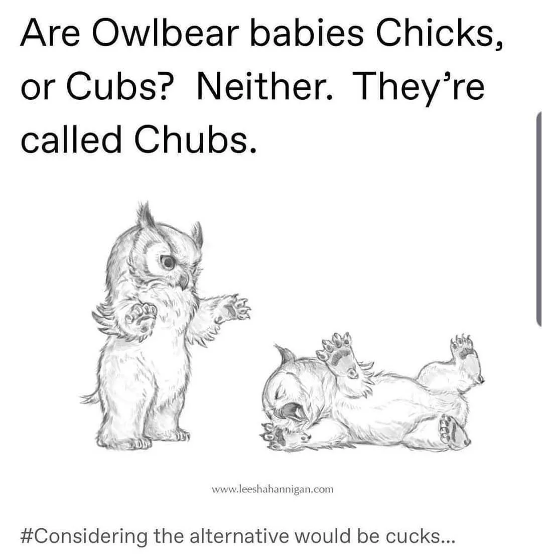 A black-and-white sketch shows a standing owl-bear creature gesturing toward a sleeping, chubby baby owl-bear. The text…