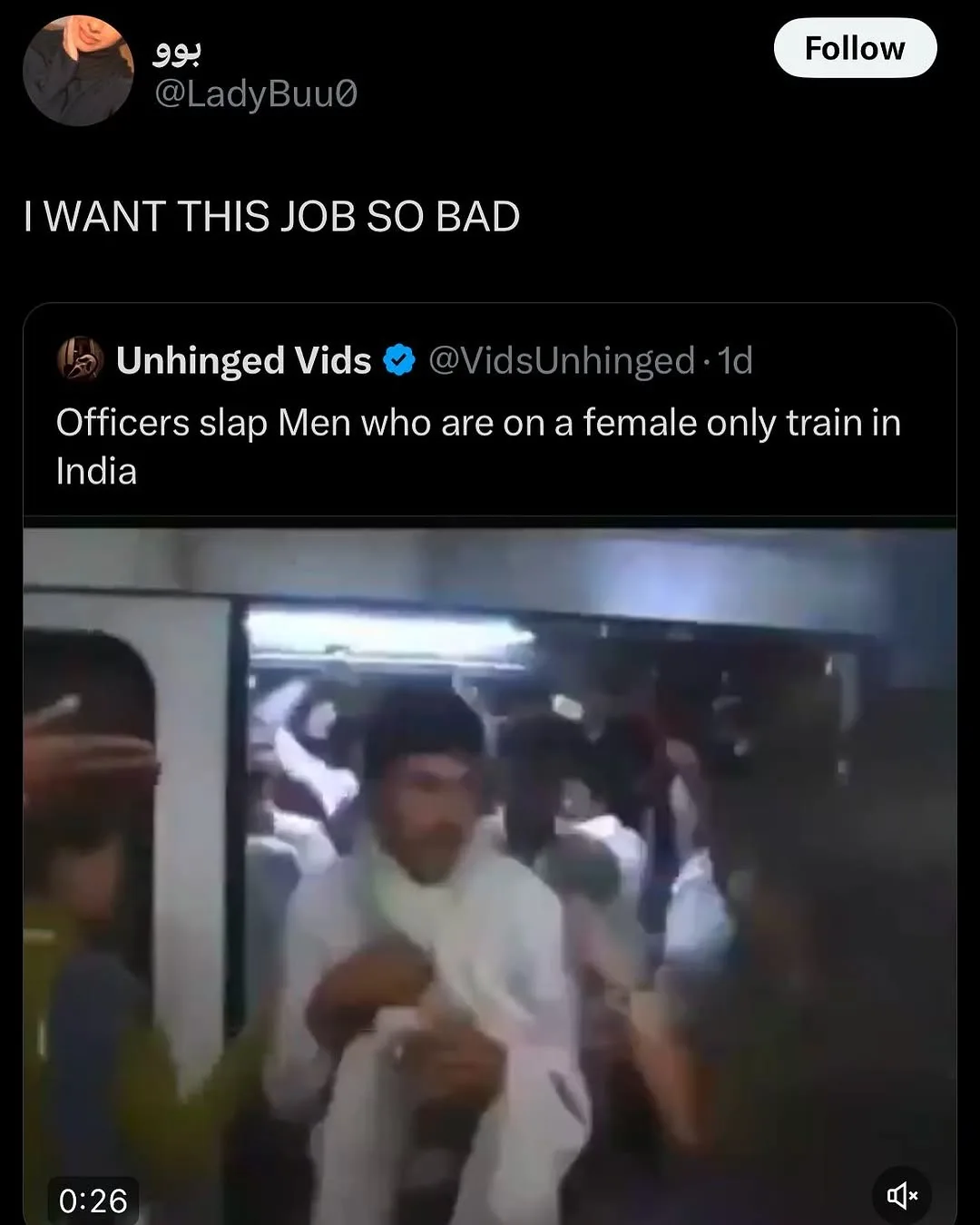 A screenshot of a tweet shows a video clip of a man in a white outfit being slapped by an officer on a crowded train. The…