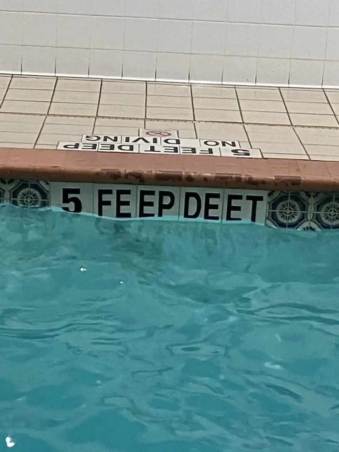 A close-up photo of a swimming pool edge shows a depth marker tile that reads '5 FEET DEEP' but has been humorously altered…