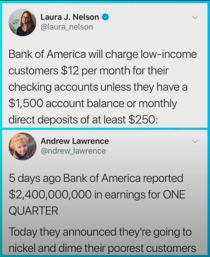 The image displays two Twitter posts. The first, from Laura J. Nelson, states Bank of America will charge low-income…