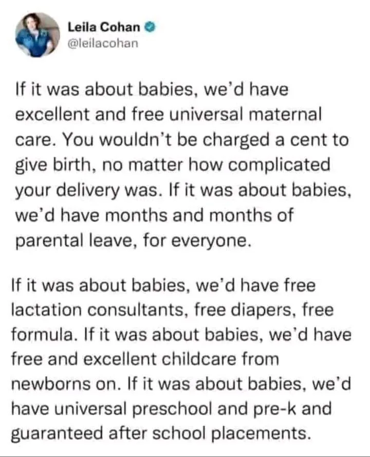 A screenshot of a tweet by Leila Cohan detailing a hypothetical world where all baby-related services are free and…