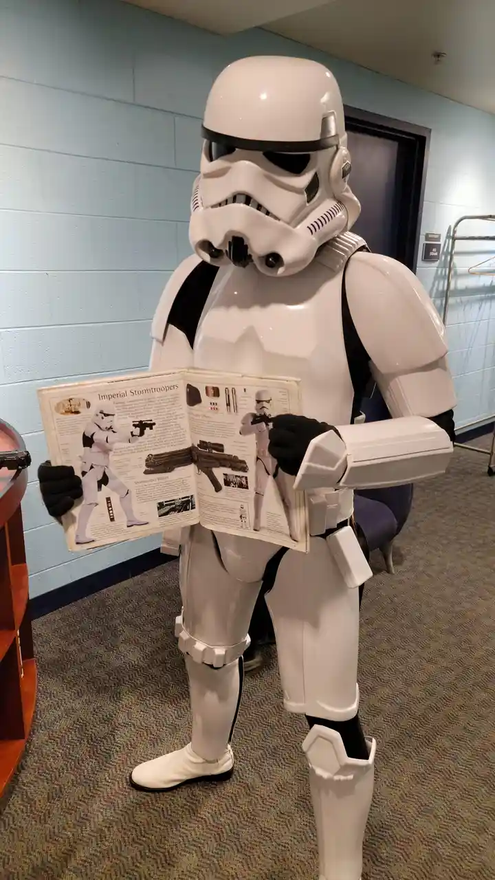 A person in a full white Stormtrooper costume from Star Wars is standing indoors holding an open book titled 'Imperial…