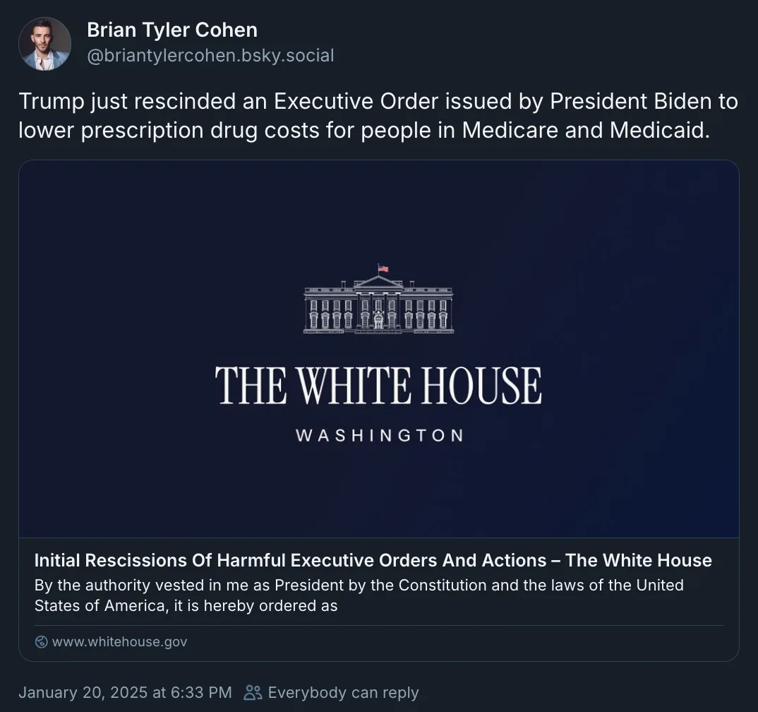 A screenshot of a social media post by Brian Tyler Cohen showing a mock White House document titled 'Initial Rescissions Of…