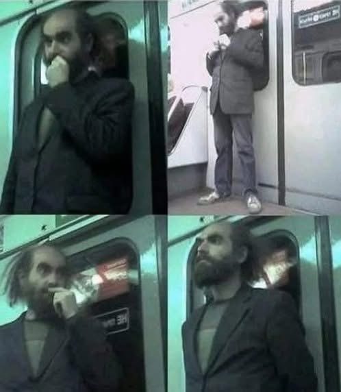 A four-panel image shows a man with a beard and dark hair in a dark suit on a train. In the top-left panel, he holds a…
