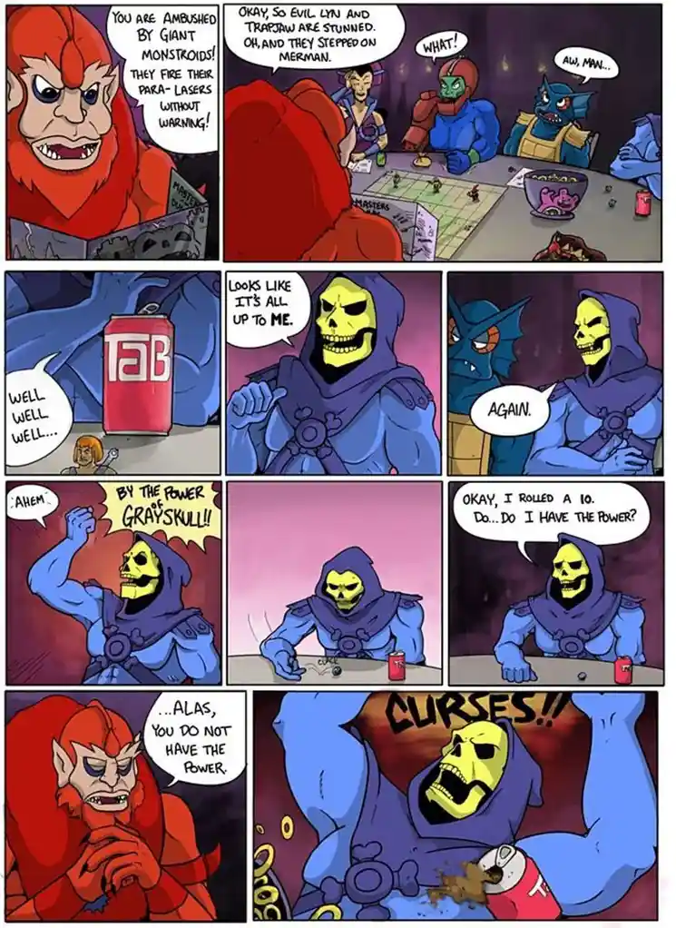 A comic strip depicts Skeletor, a villain from Masters of the Universe, playing a tabletop role-playing game with other…