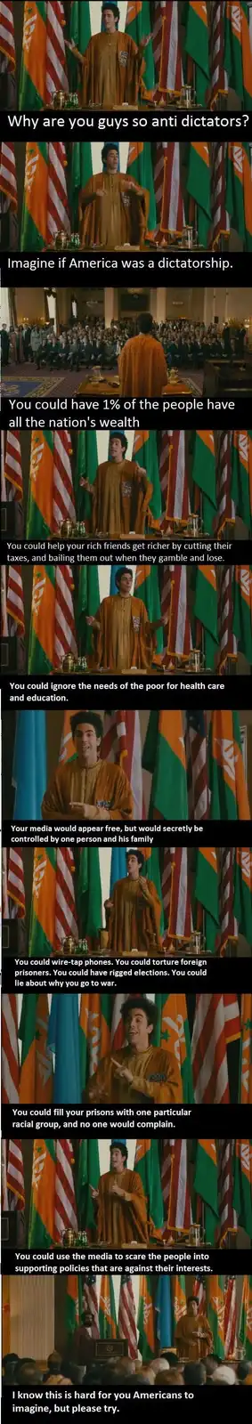 A man in a brown robe stands at a podium in front of numerous international flags, delivering a satirical speech. The text…