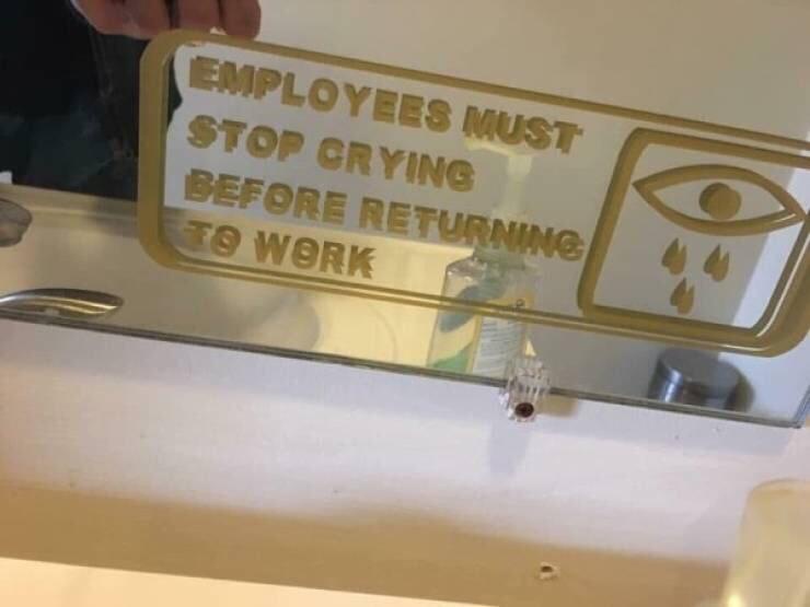 A close-up photo shows a glass sign mounted on a counter, with gold-colored text reading 'EMPLOYEES MUST STOP CRYING BEFORE…