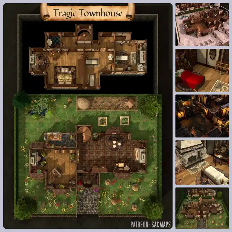 An overhead view of a detailed, ornate townhouse floor plan labeled 'Tragic Townhouse' is shown, with a lush garden and…