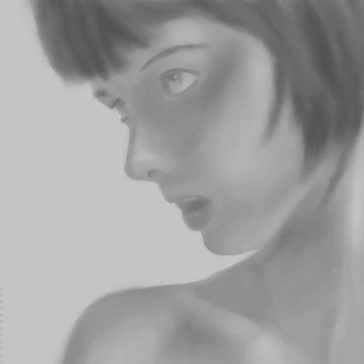A black-and-white, softly blurred portrait of a person with short hair, shown in profile looking down. The image has a…