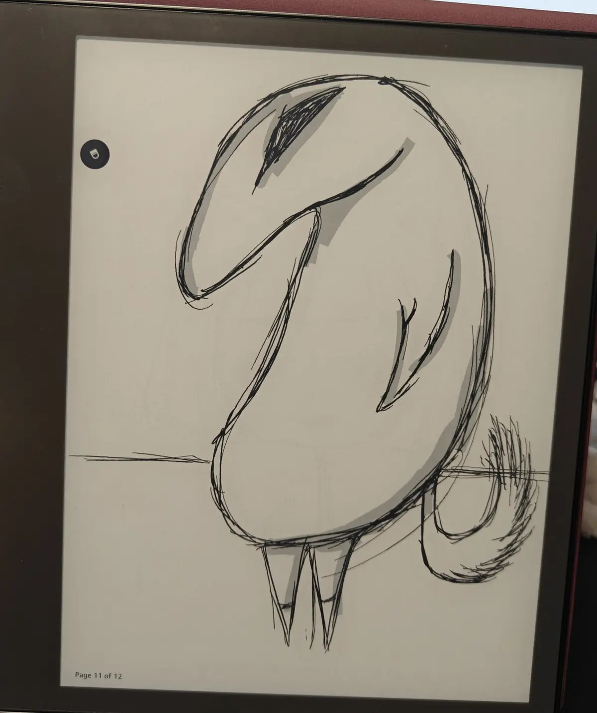 A rough, black-and-white sketch of a stylized flamingo viewed from behind, showing its curved neck, body, and legs…
