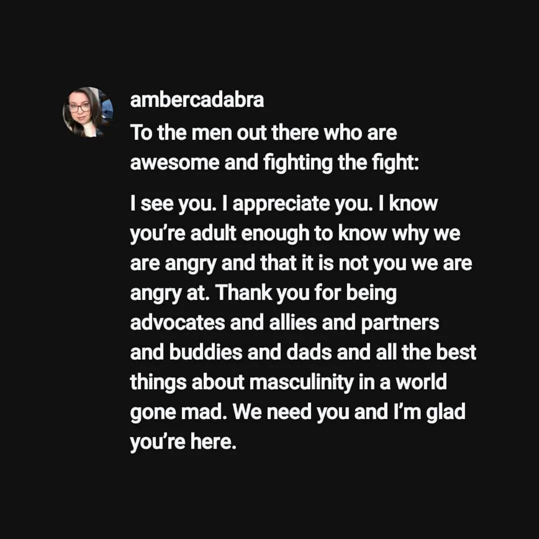 A black-background image displays a social media post by 'ambercadabra' with a profile picture of a woman with glasses. The…