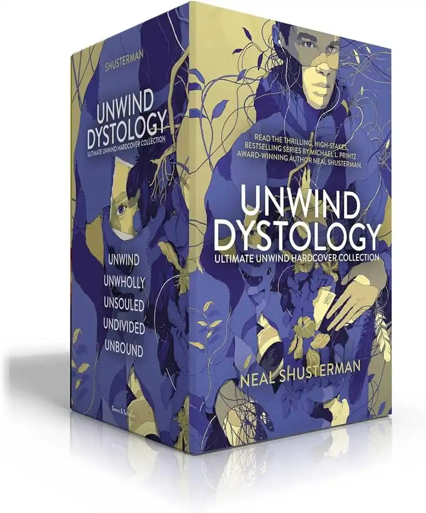 A box set of the 'Unwind Dystology' books by Neal Shusterman, featuring a stylized illustration of a young person with vines…