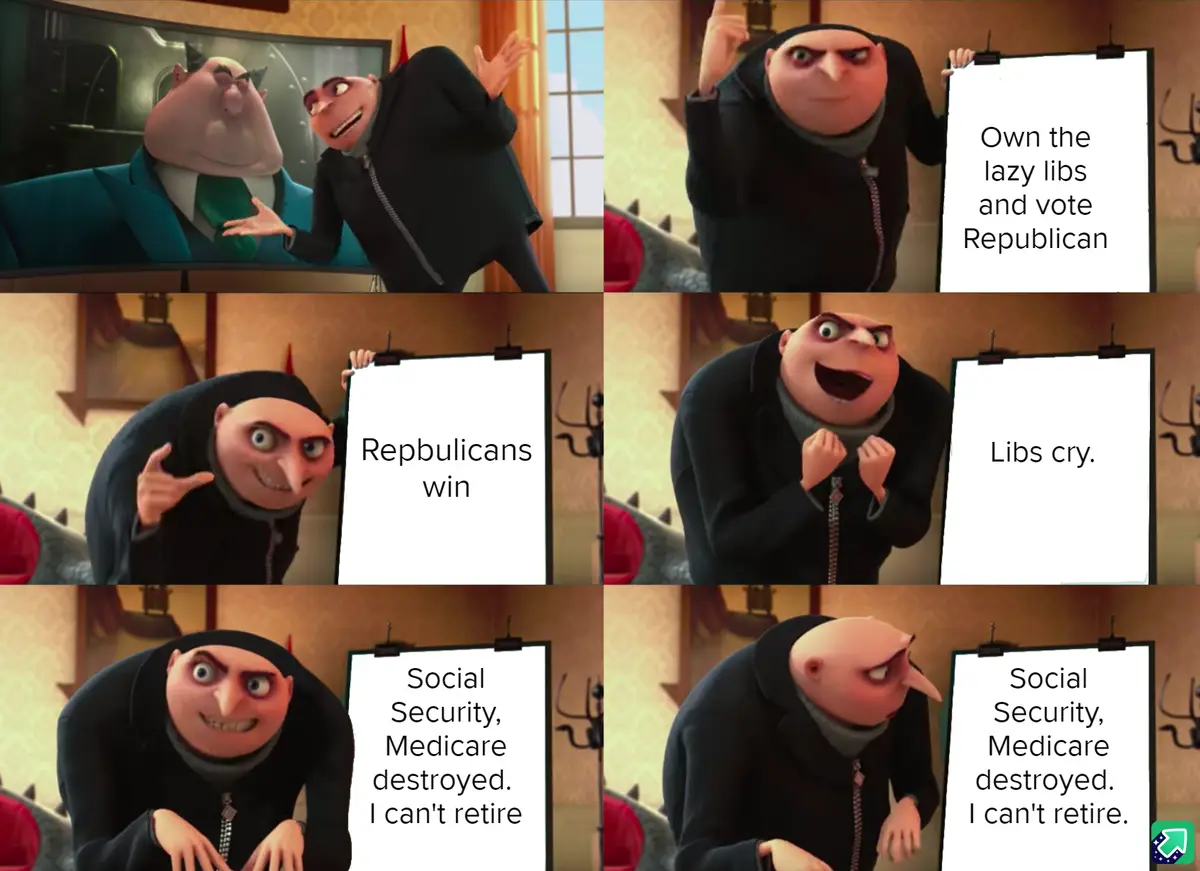A six-panel meme using Gru from Despicable Me, where he holds up signs with political slogans. The panels show him scheming…
