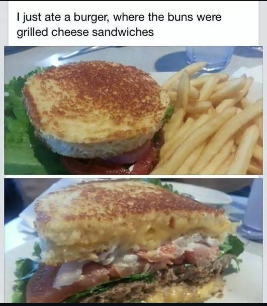 The image shows two photos of a burger with toasted grilled cheese sandwiches as buns, served with fries. The top photo…