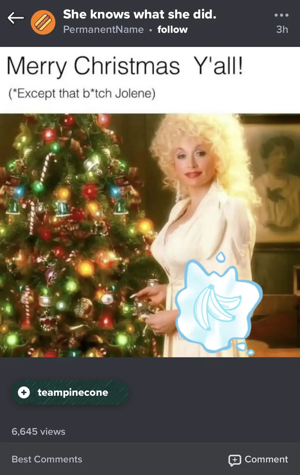 A woman with blonde curly hair stands beside a decorated Christmas tree, holding an ornament. A blue thought bubble with a…