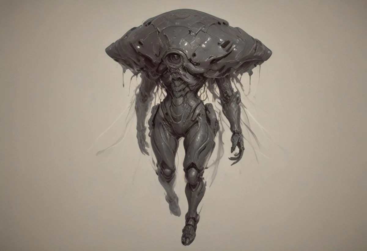 A grayscale, grotesque, biomechanical creature with a large, melting, eye-filled head and dripping tendrils, standing…