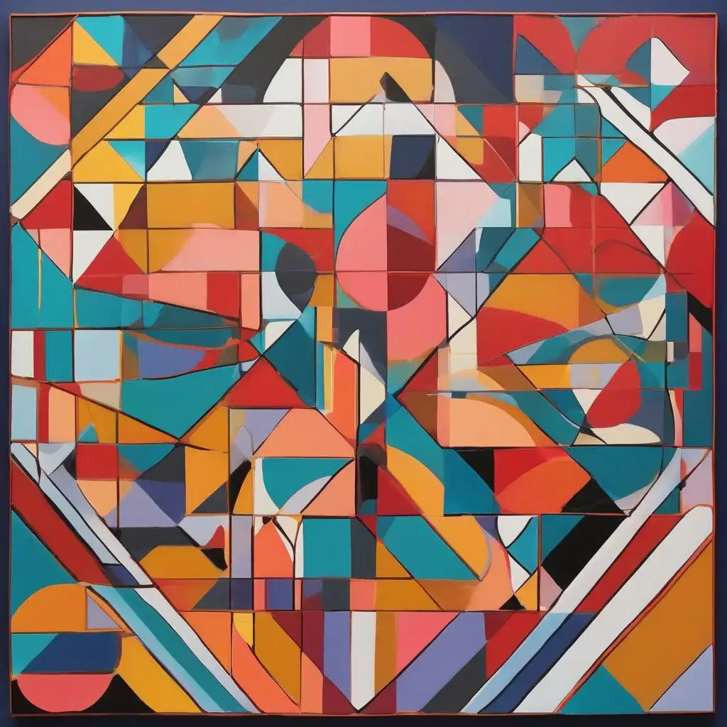 This abstract artwork features a vibrant, geometric composition of colorful shapes including triangles, rectangles, and…