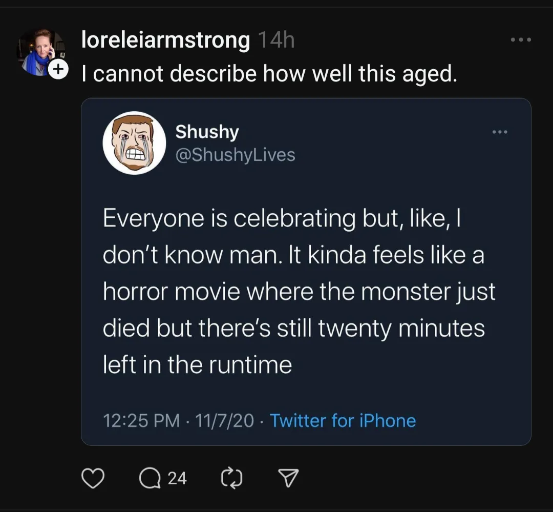 A screenshot of a Twitter post by user Shushy (@ShushyLives) from November 7, 2020, which reads: 'Everyone is celebrating…