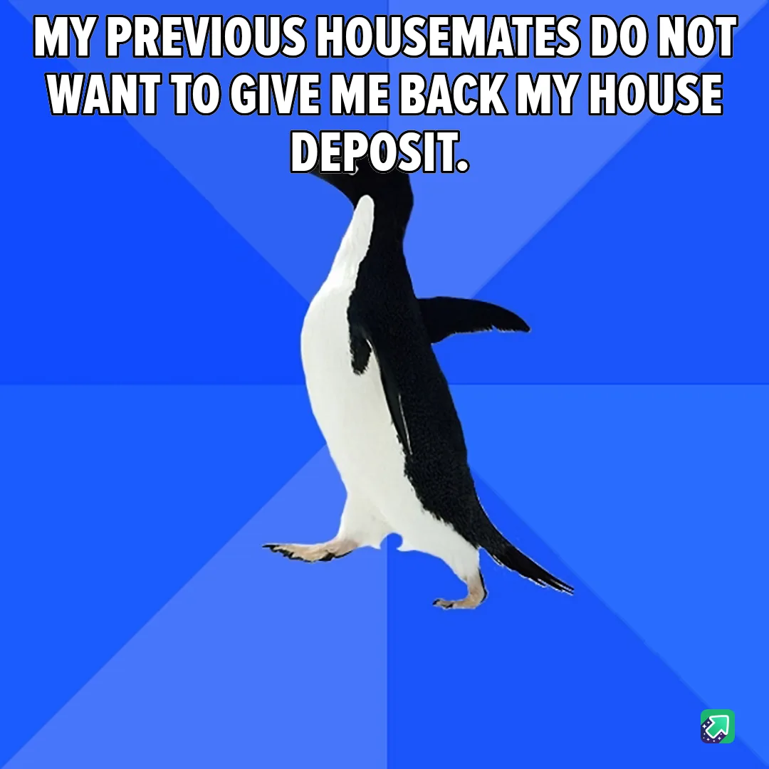 A black-and-white penguin stands upright on a blue background with diagonal light rays, looking confused or bewildered. The…