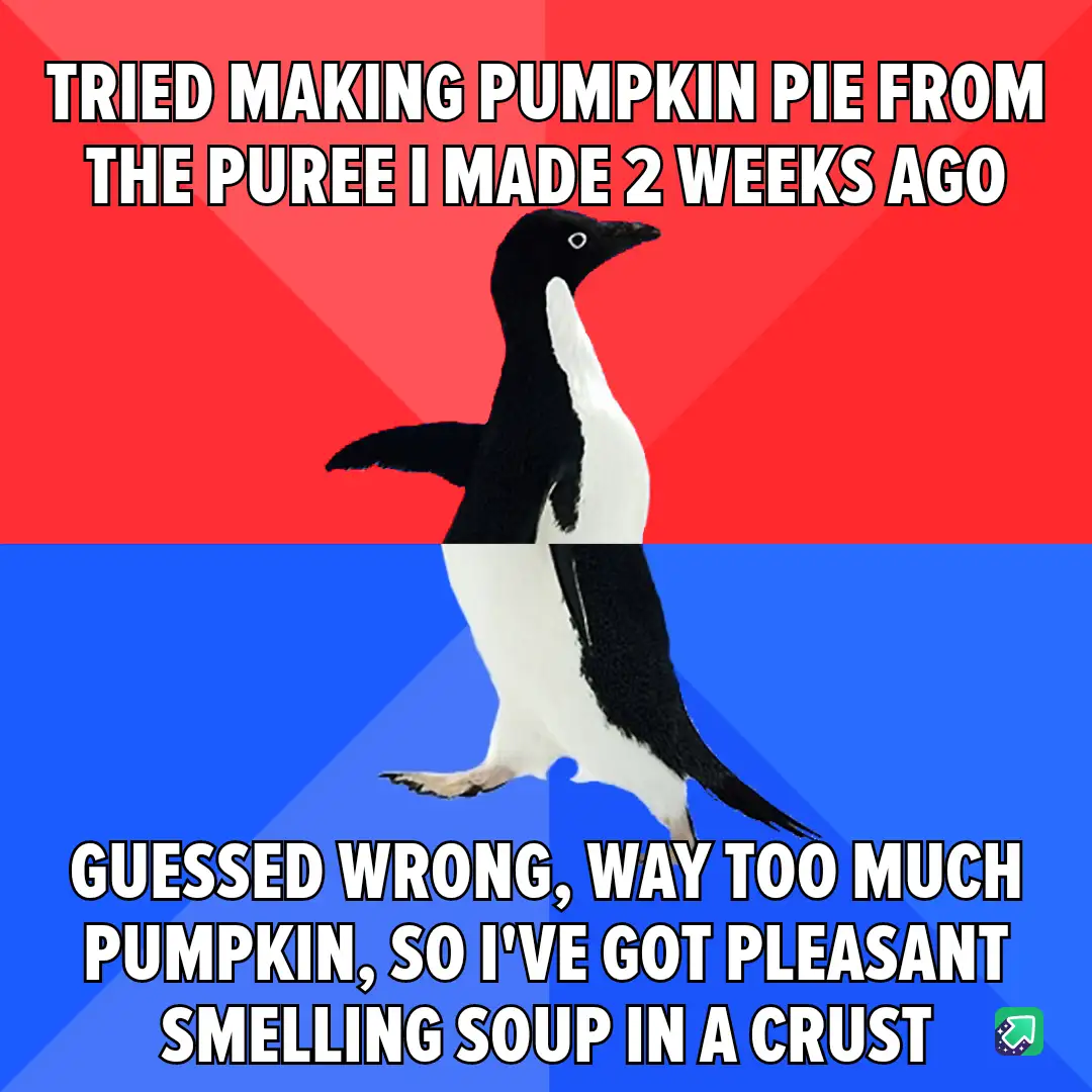 A penguin stands centered against a red and blue background, with white text overlaid in two sections. The top text reads…