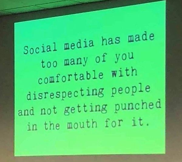 A green screen projection displays black typewriter-style text stating 'Social media has made too many of you comfortable…