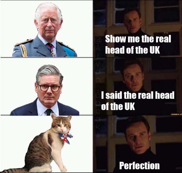 A four-panel meme juxtaposes photos of King Charles III, then UK Prime Minister Rishi Sunak, then a cat wearing a Union Jack…