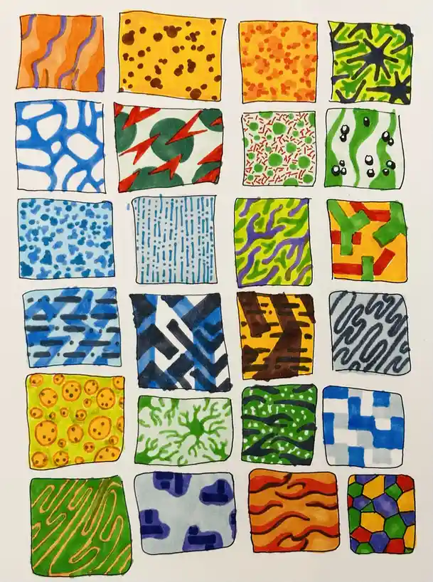 The image displays a grid of 20 hand-drawn, colorful squares, each containing a unique abstract pattern such as wavy lines…