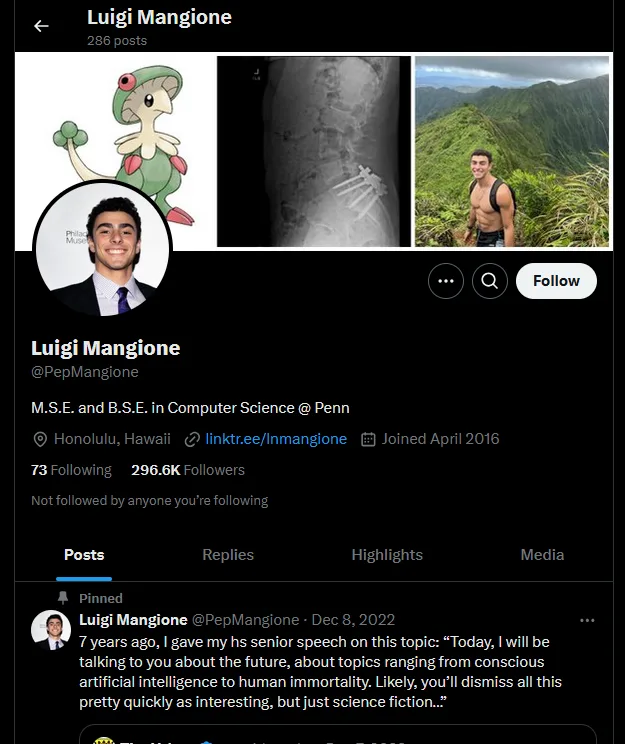 A screenshot of Luigi Mangione's Twitter profile shows his avatar as a cartoon character, a spine x-ray with metal rods, and…