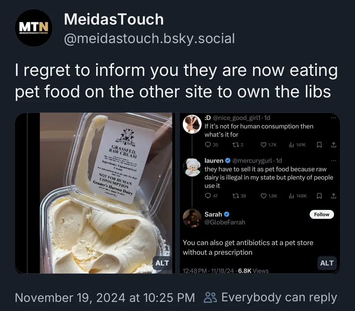 A screenshot of a social media post by 'MeidasTouch' shows a container of 'Grassfed, Raw Cream' labeled 'NOT FOR HUMAN…