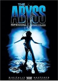A movie poster for 'The Abyss' Special Edition, featuring a silhouetted scuba diver standing on the ocean floor with arms…