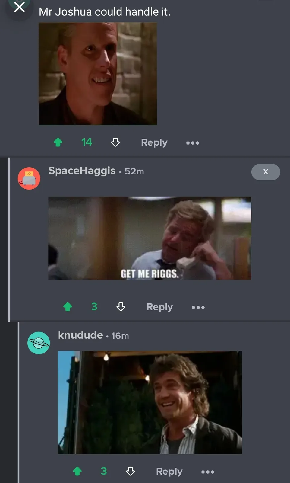 A screenshot of a social media thread shows three replies, each featuring a different actor's face with overlaid text. The…