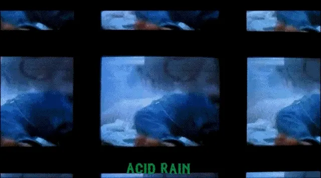 The image displays two rows of video frames from a movie scene. The top row shows a man in blue jeans falling or being…