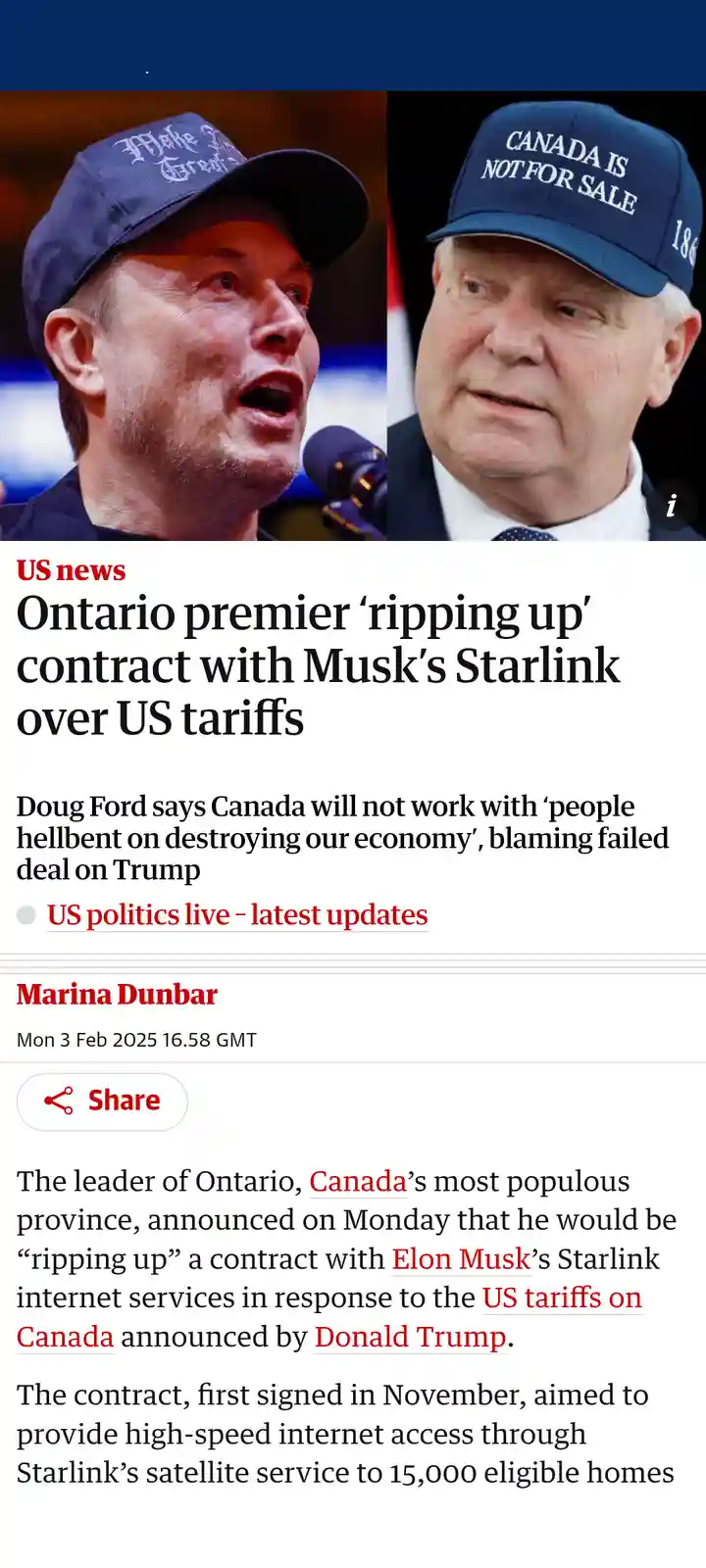 The image displays a split-screen with Elon Musk on the left wearing a 'Make America Great Again' cap, and Doug Ford on the…