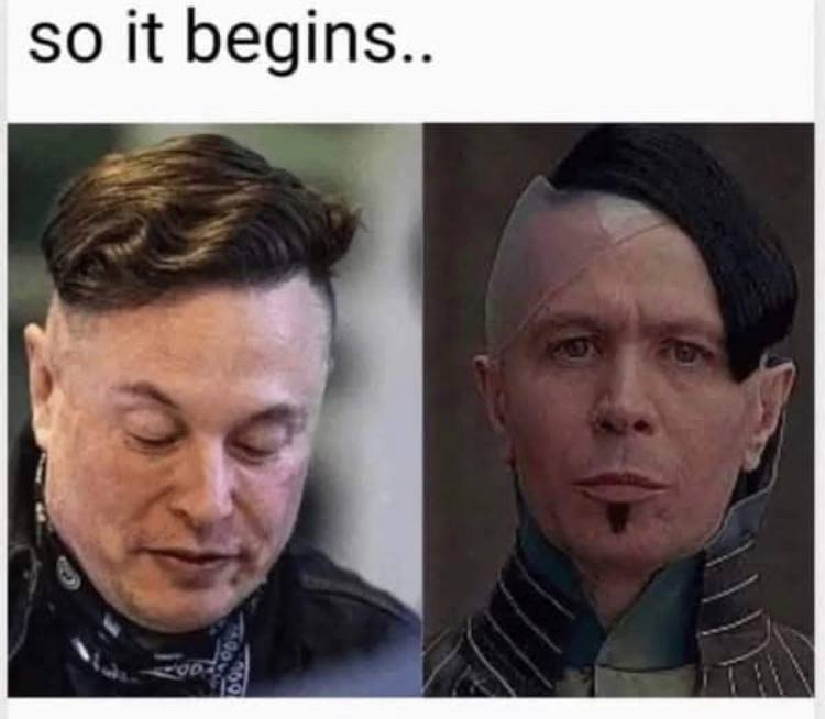 The image shows a split-screen comparison: on the left, Elon Musk with his eyes closed and a slight smile, wearing a black…