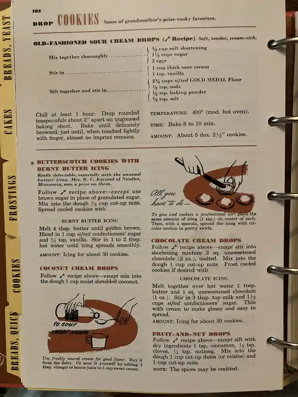 A vintage cookbook page showing several cookie recipes, including 'Old-Fashioned Sour Cream Drops' and 'Butterscotch Cookies…