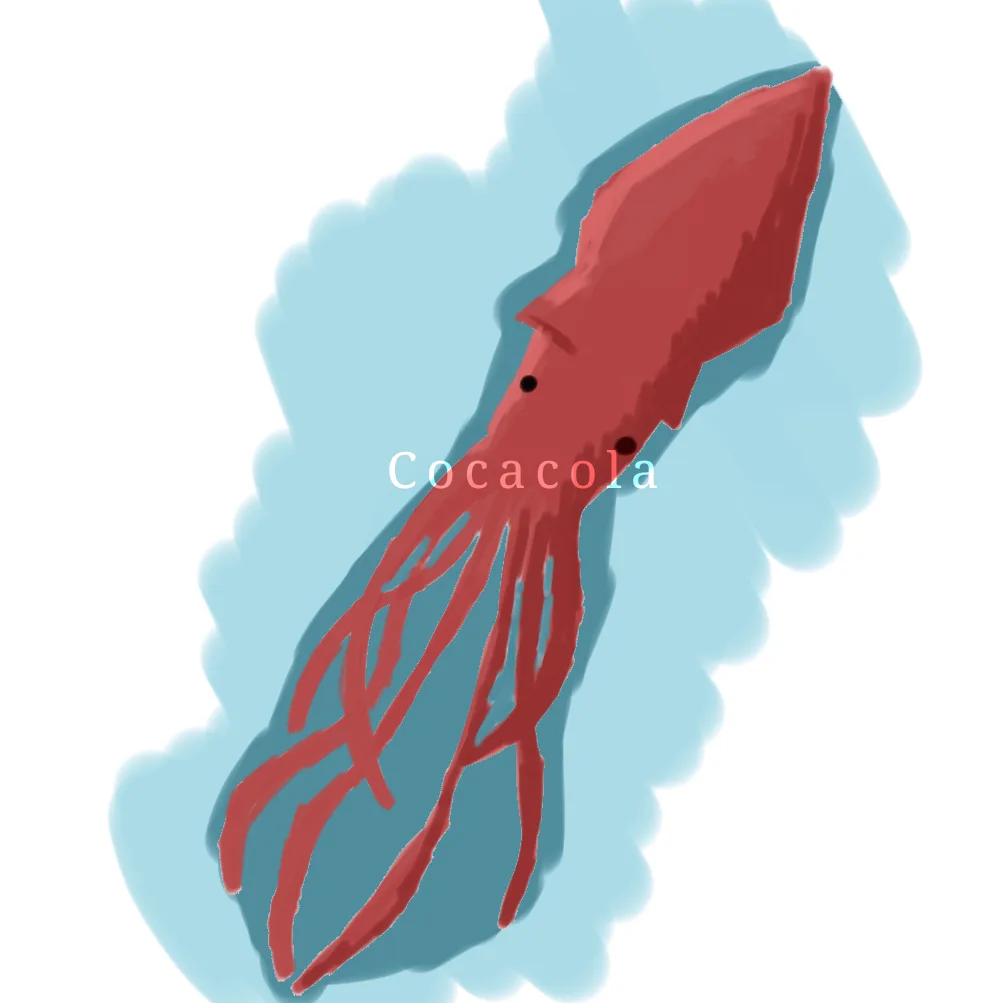 A crudely drawn red squid with black eyes is shown against a light blue, cloud-like background. The word 'Cocacola' is…