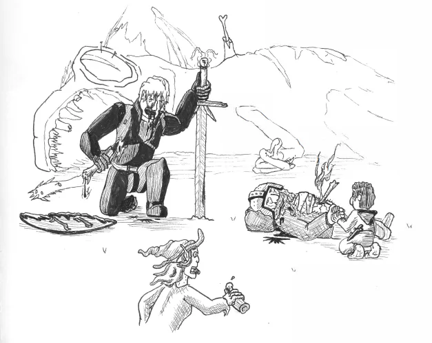 A black-and-white sketch depicts a fantasy scene with a knight kneeling beside a sword stuck in the ground, a dragon's head…