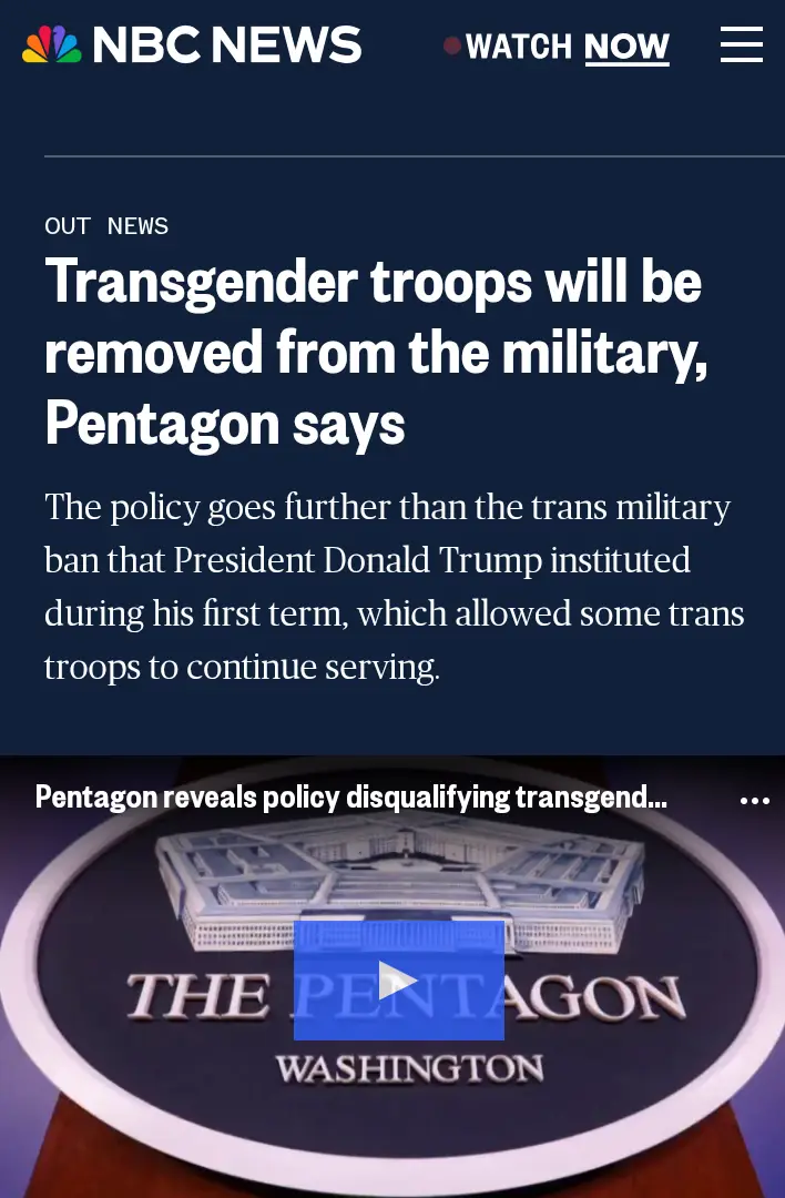 An NBC News webpage screenshot shows a headline stating 'Transgender troops will be removed from the military, Pentagon…