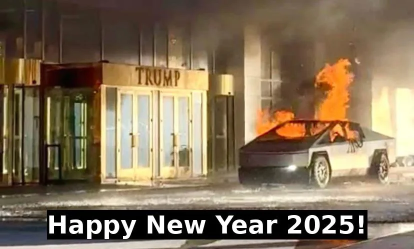 A Tesla Cybertruck is on fire in front of a building with a 'TRUMP' sign above its entrance. The overlaid text reads 'Happy…