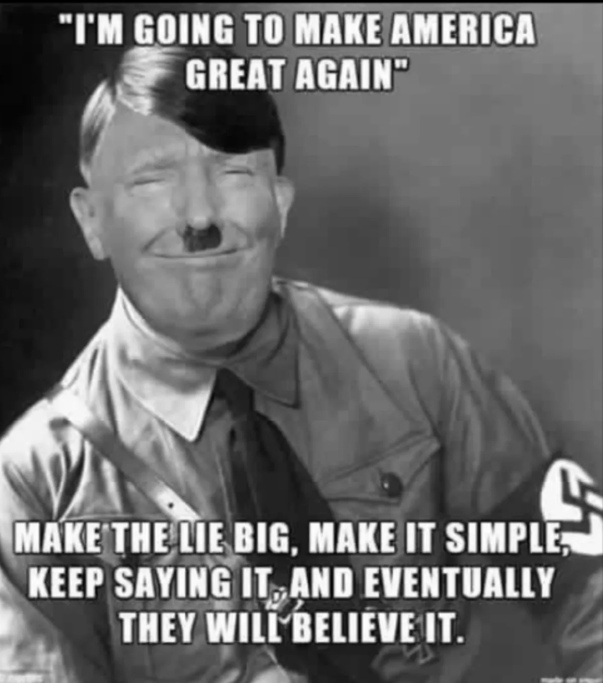 A black-and-white photo of Adolf Hitler smiling with his eyes closed, wearing a Nazi uniform with a swastika armband. The…