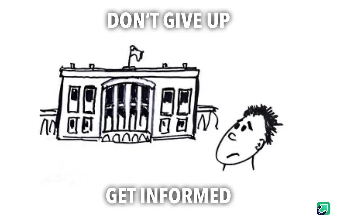 A simple black-and-white drawing shows a stylized building resembling the White House with a flag on top, and a cartoonish…